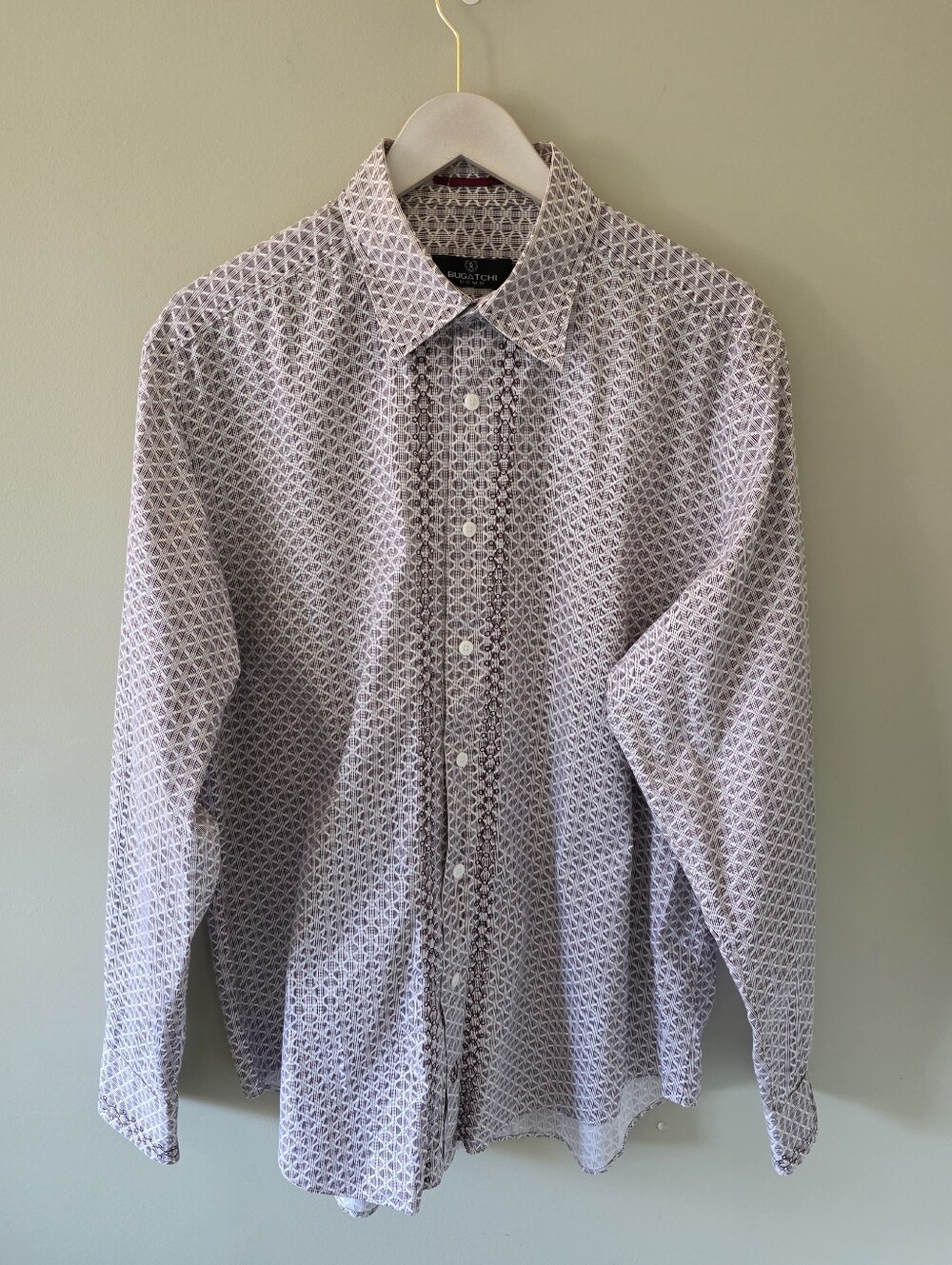 NWOT Bugatchi Uomo L Modern Contempory Euro Preppy Geo Embroidered Dress Shirt